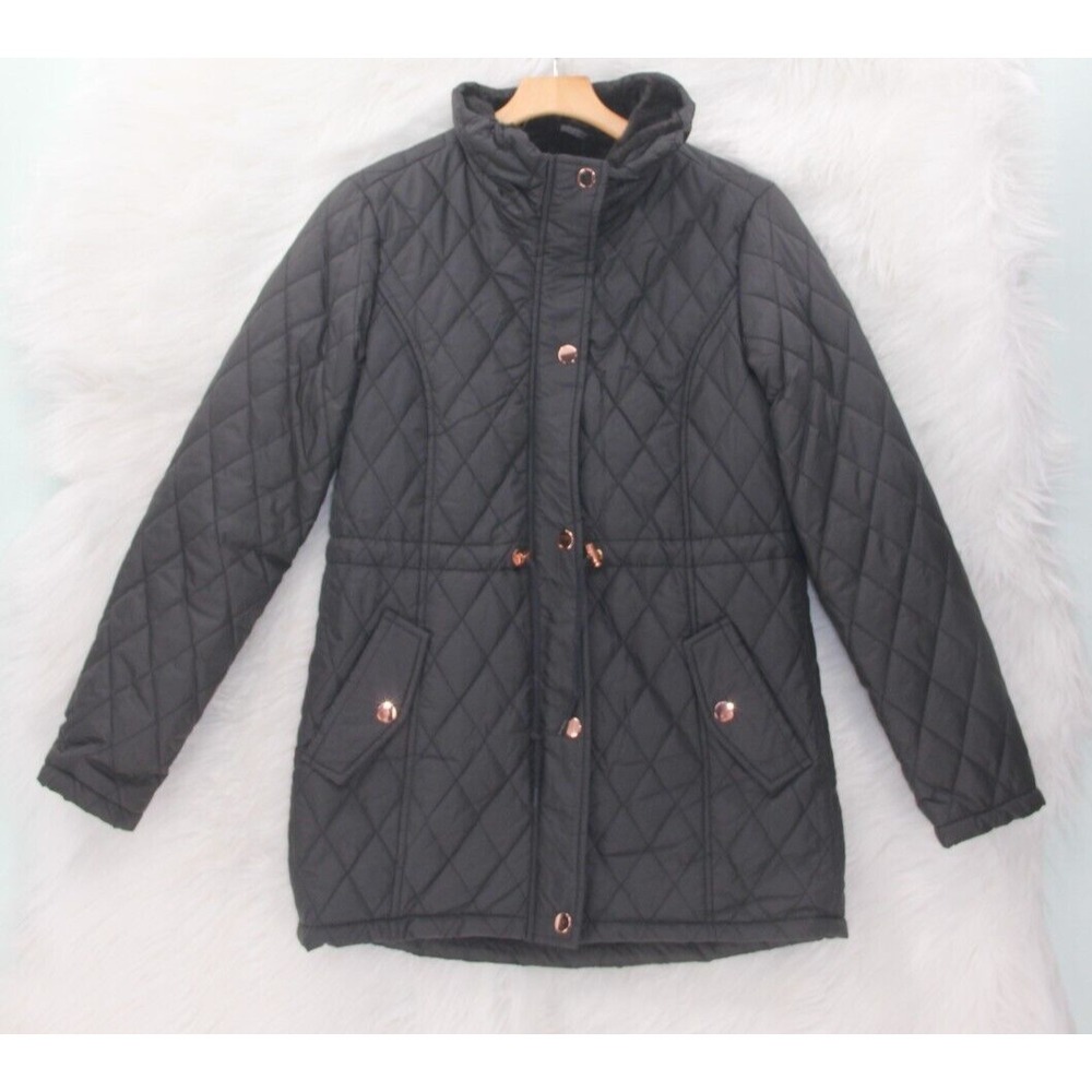 Vine & Valley Coat Women's Sz M Black Puffer Car Cinch Waist Faux Fur Lined $80